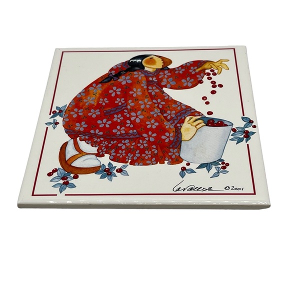 Barbara Lavallee 2001 Woman with Cherries Alaskan Native Art Wall Tile Trivet - Picture 3 of 7